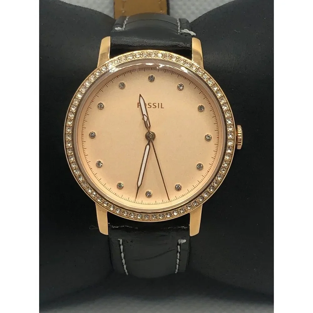 Fossil ES4365 Womens Black Leather Analog Rose Gold Dial Quartz Wrist Watch KS18